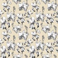 Floral seamless pattern with hand drawn ink iris and orchid flowers on beige background. Flowers lined up in harmonious