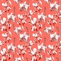 Floral seamless pattern with hand drawn ink iris and orchid flowers on coral living background. Flowers lined up in