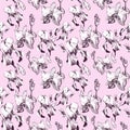 Floral seamless pattern with hand drawn ink iris and orchid flowers on pink background. Flowers lined up in harmonious