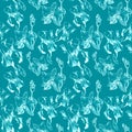 Floral seamless pattern with hand drawn ink iris and orchid flowers on turquoise background. Flowers lined up in