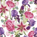 Floral seamless pattern with hand drawn watercolor lilies, roses and iris Royalty Free Stock Photo