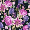 Floral seamless pattern with hand drawn watercolor lilies, roses and iris Royalty Free Stock Photo