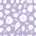 Floral seamless pattern of hand drawn white buds of tulip flowers and bows on violet background.