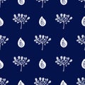 Floral seamless pattern. Hand drawnwhite petals and water drops on a dark blue background. can be used for wallpaper