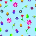 Floral seamless pattern.Hand painted daisies and tulips plum. Bright watercolor illustration.Colorful flowers end eggs on blue Royalty Free Stock Photo