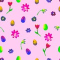 Floral seamless pattern.Hand painted daisies and tulips plum. Bright watercolor illustration.Colorful flowers end eggs on pink. Royalty Free Stock Photo