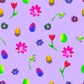 Floral seamless pattern.Hand painted daisies and tulips plum. Bright watercolor illustration.Colorful flowers end eggs on purple. Royalty Free Stock Photo