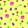 Floral seamless pattern.Hand painted daisies and tulips plum. Bright watercolor illustration.Colorful flowers end eggs on yellow Royalty Free Stock Photo