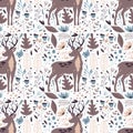 Floral Seamless Pattern with Horned Deer Animal in Vector