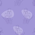 Floral seamless pattern with iris flower on purple background. Linear hand drawn of iris flower. Vector illustration Royalty Free Stock Photo