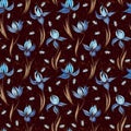 Floral seamless pattern of irises and dandelion seeds. Irises painted imitation of oil paint. Creative execution of