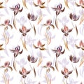 Floral seamless pattern of irises. Irises painted imitation of oil paint. Creative execution of floral ornament. Brown