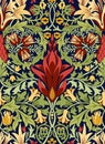 Floral Seamless Pattern With A Large Red Flower In The Center On Dark Blue Background. Classic Colors. Vector