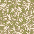 Floral seamless pattern with leaves and berries in chartreuse green and cream palette