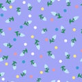 Floral seamless pattern of light blue buds, color dots, on a lilac background Royalty Free Stock Photo