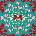 Floral seamless pattern. Light turquoise flourish vector background wallpaper with vintage decorative red paisley love hearts, st