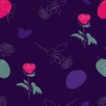 Floral seamless pattern. Linear flower branch of rose with bright spots on dark purple background. Vector illustration Royalty Free Stock Photo