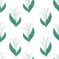 Floral Seamless pattern with May lilies of the valley on white background. Hand-drawn Crayon Spring template with forest Royalty Free Stock Photo