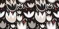 Floral seamless pattern in monochrome black and white and red color palette. Stylized tulips and polka dots background. Royalty Free Stock Photo