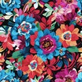 Floral seamless pattern with multicolored roses and leaves on a black background. Bright colorful design. Vector illustration. Royalty Free Stock Photo