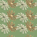 Floral seamless pattern with nature doodle palm licuala leaf silouettes. Pastel green background. Simple style