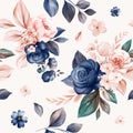 Floral Seamless Pattern Of Navy And Peach Watercolor Roses And Wild Flowers Arrangements On White Background For Fashion, Print,