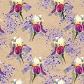 Floral seamless pattern with oil painted irises on craft paper textured background with bright blue splashes