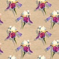 Floral seamless pattern with oil painted irises on craft paper textured background