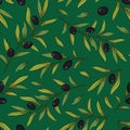 Floral seamless pattern with olive branches; black olives with foliage on green background. Royalty Free Stock Photo