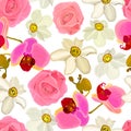 Floral seamless pattern of orchids, roses, daffodils. Eps10 vector illustration