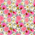 Floral seamless pattern of orchids, roses, daffodils. Eps10 vector illustration