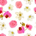 Floral seamless pattern of orchids, roses, daffodils. Eps10 vector illustration