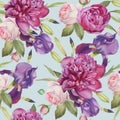 Floral seamless pattern with peonies, roses and iris Royalty Free Stock Photo