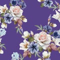 Floral seamless pattern with petunias, hellebore,roses and irises