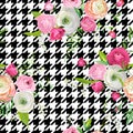 Floral Seamless Pattern with Pink Flowers and Dogtooth Ornament. Botanical Background for Fabric Textile Royalty Free Stock Photo