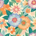 Floral seamless pattern with pink flowers and green leaves on blue background. Royalty Free Stock Photo