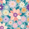 Floral seamless pattern with pink flowers and green leaves on blue background. Royalty Free Stock Photo