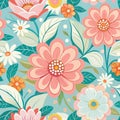 Floral seamless pattern with pink flowers and green leaves on blue background. Royalty Free Stock Photo