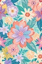 Floral seamless pattern with pink flowers and green leaves on blue background. Royalty Free Stock Photo