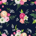 Floral Seamless Pattern with Pink Flowers and Lily. Botanical Background for Fabric Textile, Wallpaper, Wrapping Paper