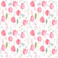 Floral seamless pattern with pink tulips and spring flowers.