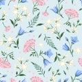 Floral seamless pattern with pink, white and blue flowers. Vector illustration. Royalty Free Stock Photo