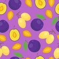 Floral seamless pattern with plums nature fruit harvest vegetarian vitamin sweet berry background. Vector illustration Royalty Free Stock Photo