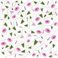 Floral seamless pattern with purple flowers, green leaves and white background Royalty Free Stock Photo