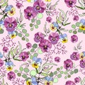 Seamless pansy floral pattern. Purple and green. Oriental style. Vector illustration art. For design textiles, paper, wallpaper Royalty Free Stock Photo