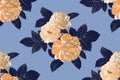 Floral seamless pattern of roses and leaves in creame, sandy brown and dark blue colors with bronze metallic outline on