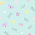 Floral seamless pattern, simple ornament of white daisy flowers, butterflies in random order on the light green background Royalty Free Stock Photo