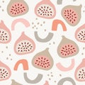 Floral seamless pattern with sliced fig fruit, geometric arc shapes and dots. White background. Summer textile, food Royalty Free Stock Photo