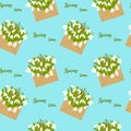 Floral seamless pattern with snowdrops in envelope and quote Spring time Royalty Free Stock Photo