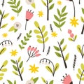 Floral seamless pattern with spring blooming perennial flowers on white background. Decorative backdrop with springtime